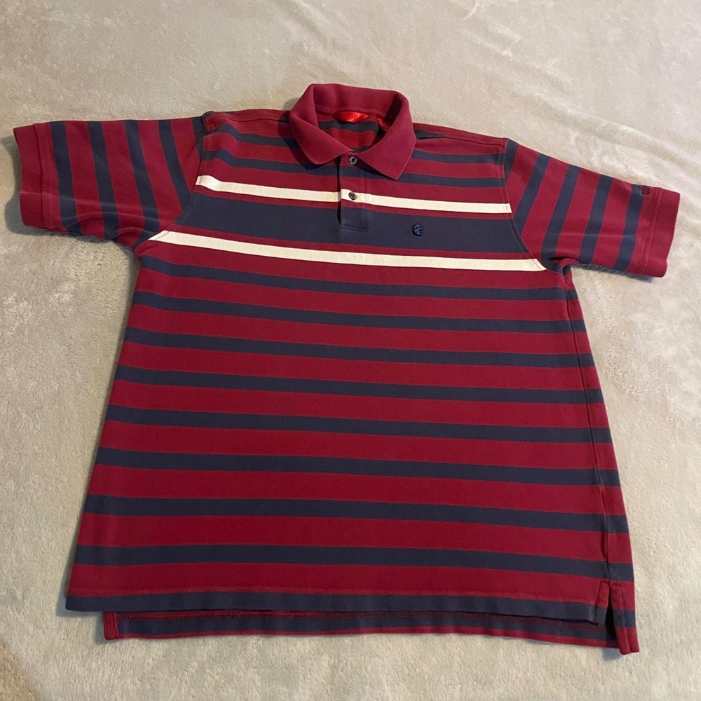 Vintage IZOD Mens Large Red Navy Blue Striped Short Sleeve Pique Polo Shirt 90s